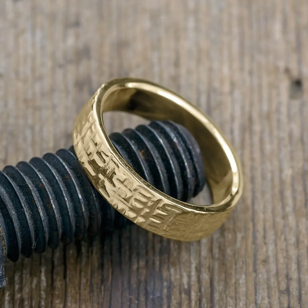 6mm 14k Yellow Gold Mens Wedding Band, Textured Polished
