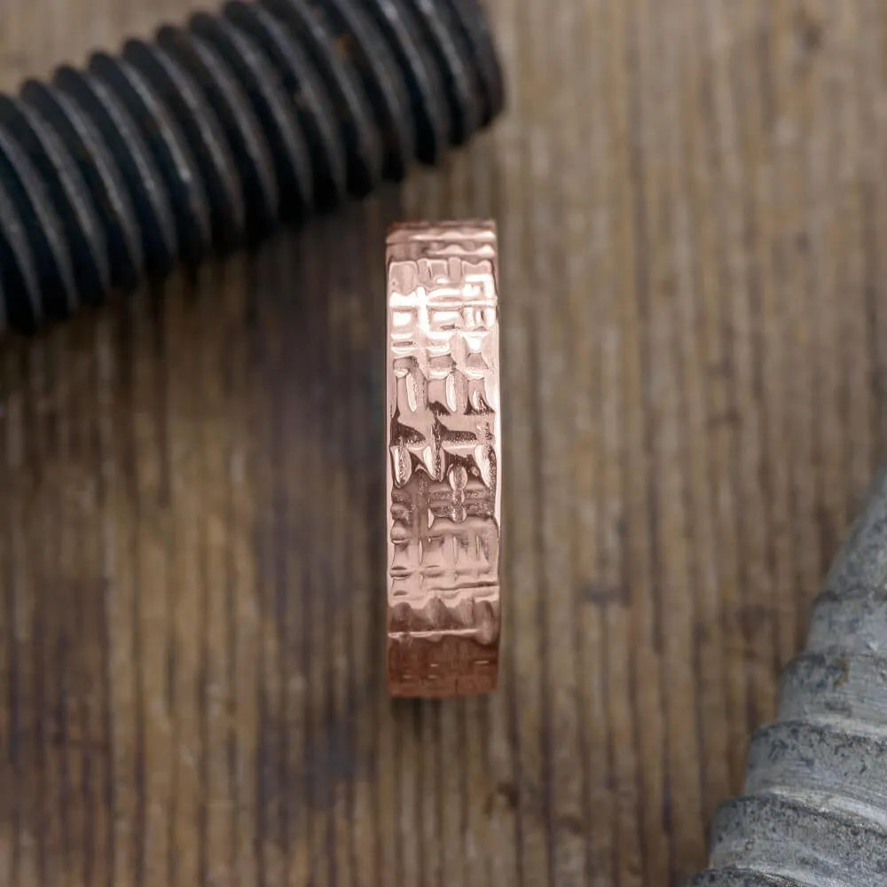 6mm, Comfort Fit, 14k Rose Gold Mens Wedding Band, Textured Polished