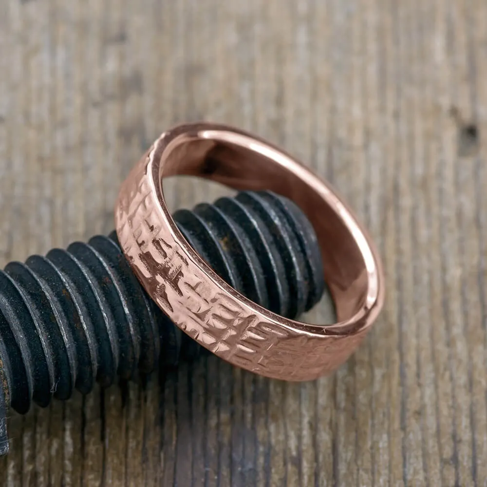 6mm, Comfort Fit, 14k Rose Gold Mens Wedding Band, Textured Polished