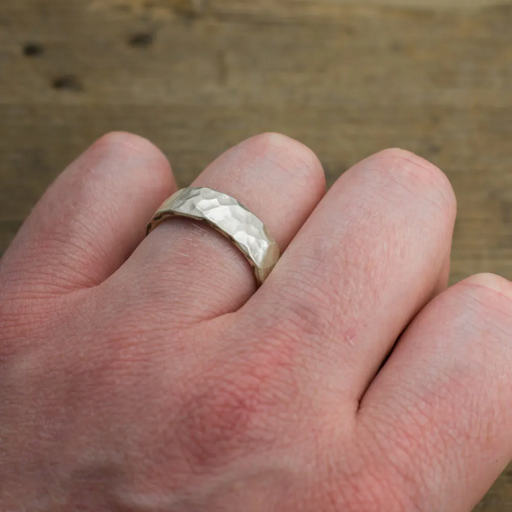 6mm Comfort Fit, 14k White Gold Mens Wedding Band, Hammered Matte