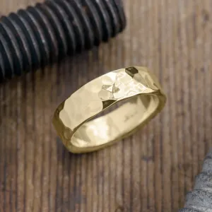 6mm Comfort Fit 14k Yellow Gold Mens Wedding Band, Hammered Polished