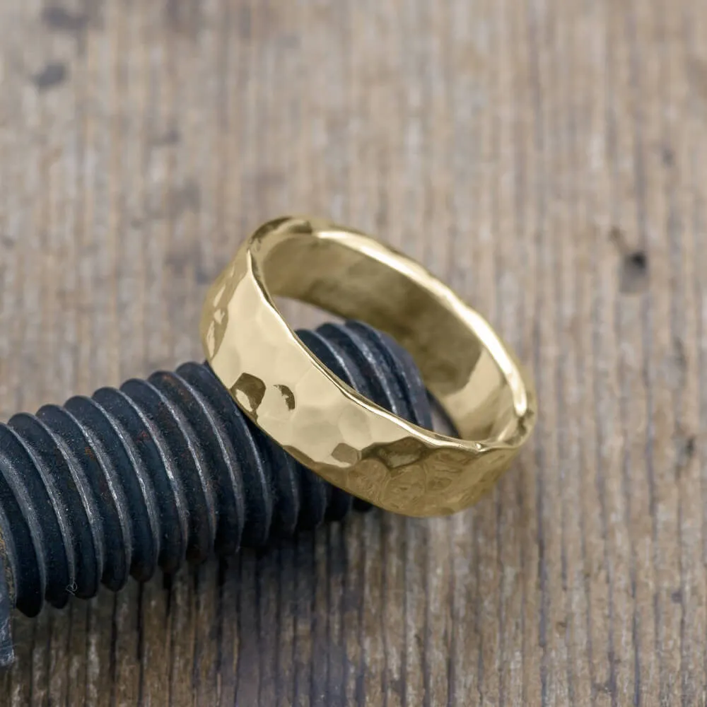 6mm Comfort Fit 14k Yellow Gold Mens Wedding Band, Hammered Polished