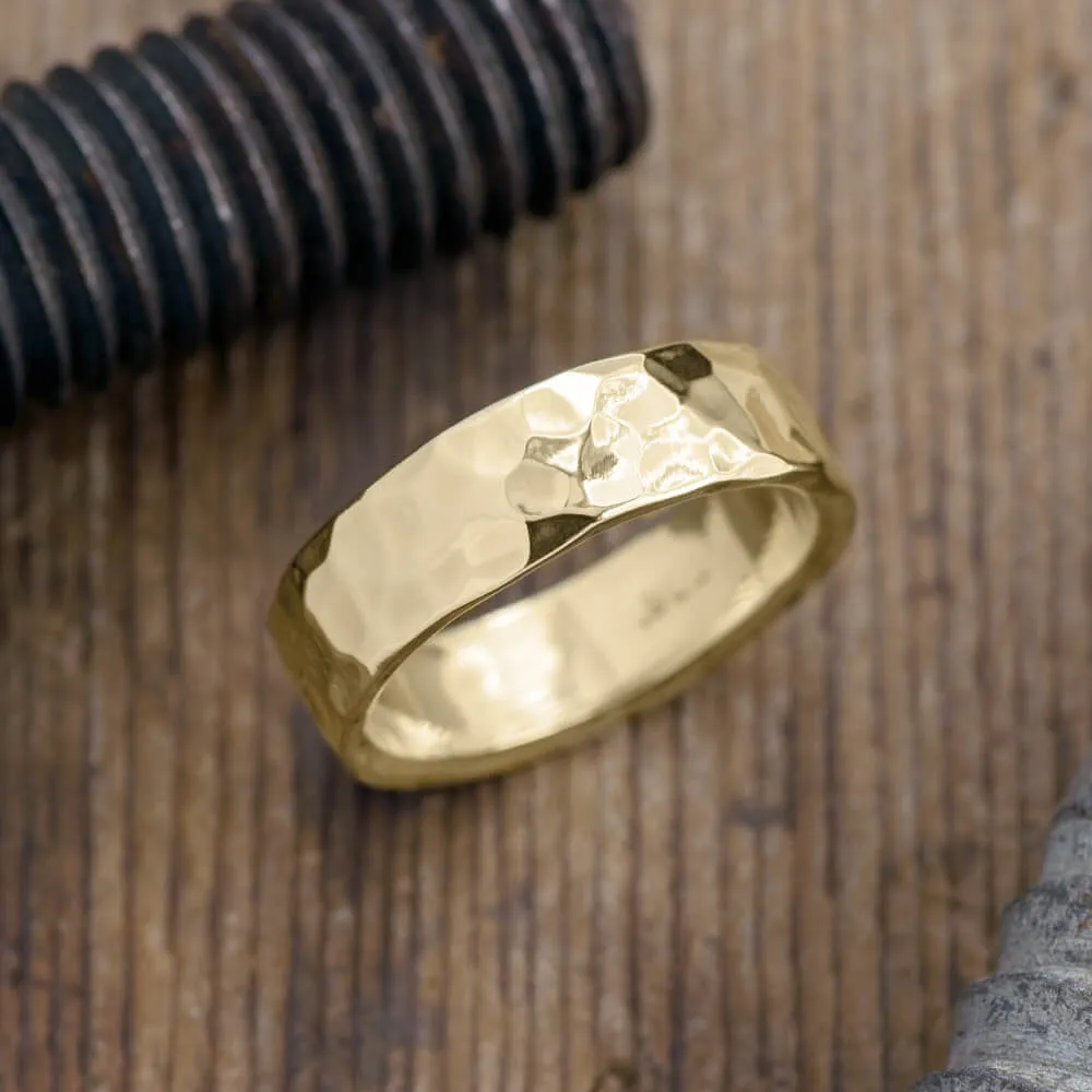 6mm Comfort Fit 14k Yellow Gold Mens Wedding Band, Hammered Polished