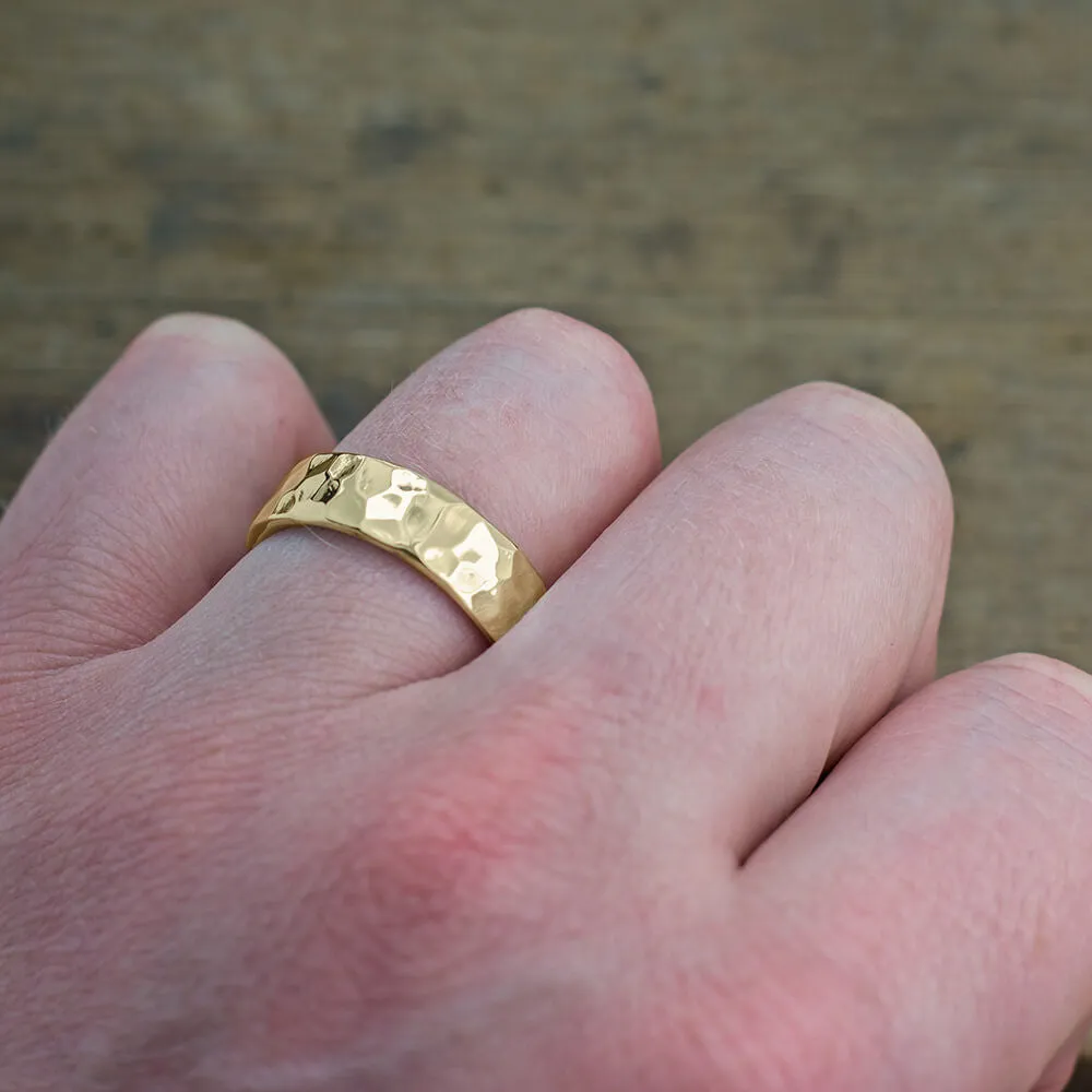 6mm Comfort Fit 14k Yellow Gold Mens Wedding Band, Hammered Polished