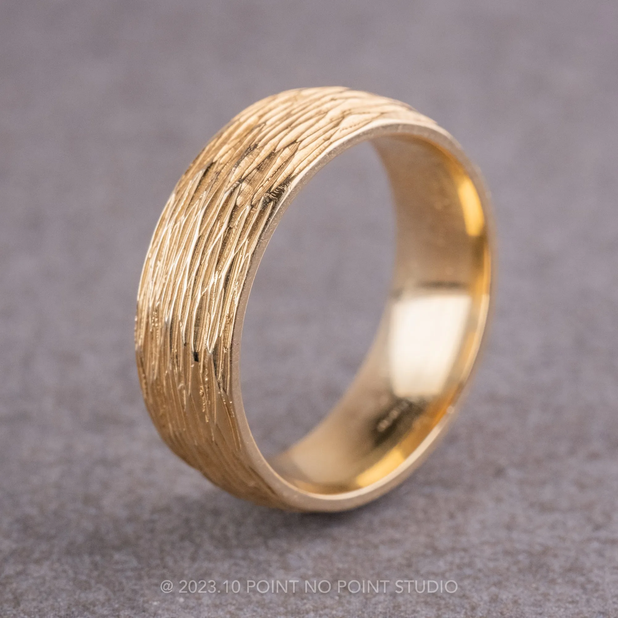 6mm Comfort Fit, 14k Yellow Gold Men's Wedding Band, Tree Bark Polished