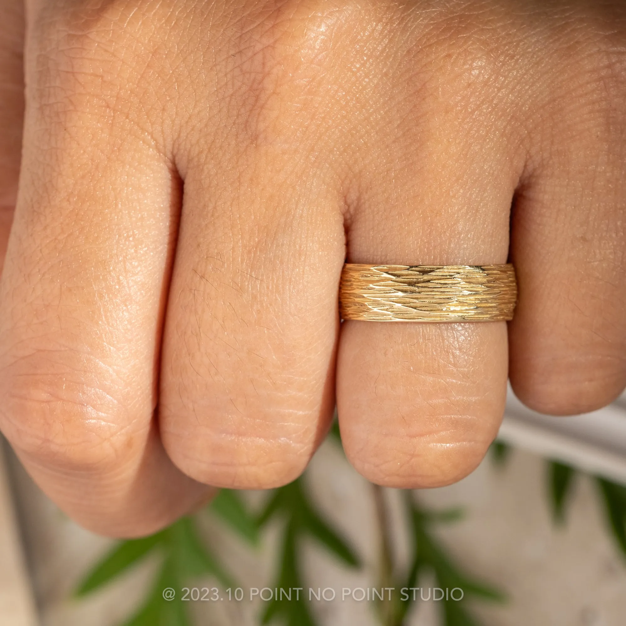 6mm Comfort Fit, 14k Yellow Gold Men's Wedding Band, Tree Bark Polished
