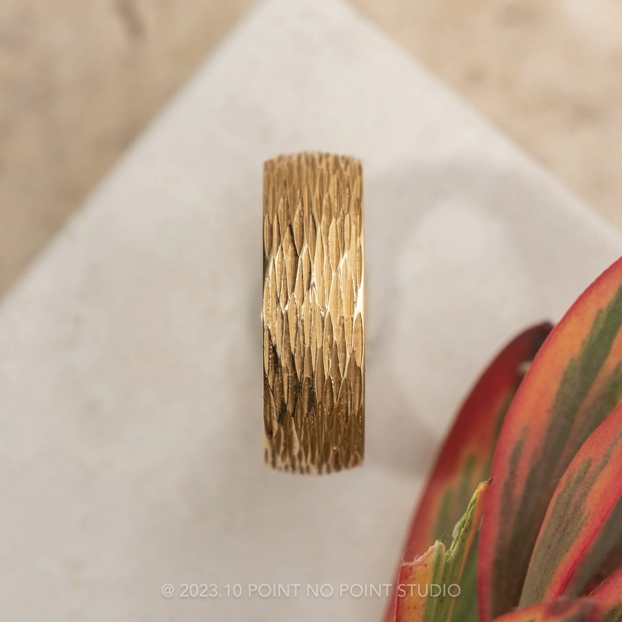6mm Comfort Fit, 14k Yellow Gold Men's Wedding Band, Tree Bark Polished