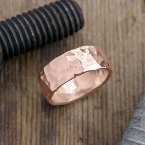 8mm 14k Rose Gold Hammered Mens Wedding Band, High Polish