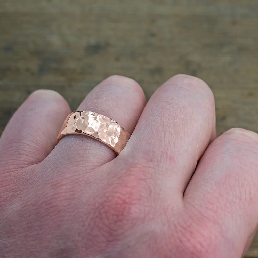 8mm 14k Rose Gold Hammered Mens Wedding Band, High Polish