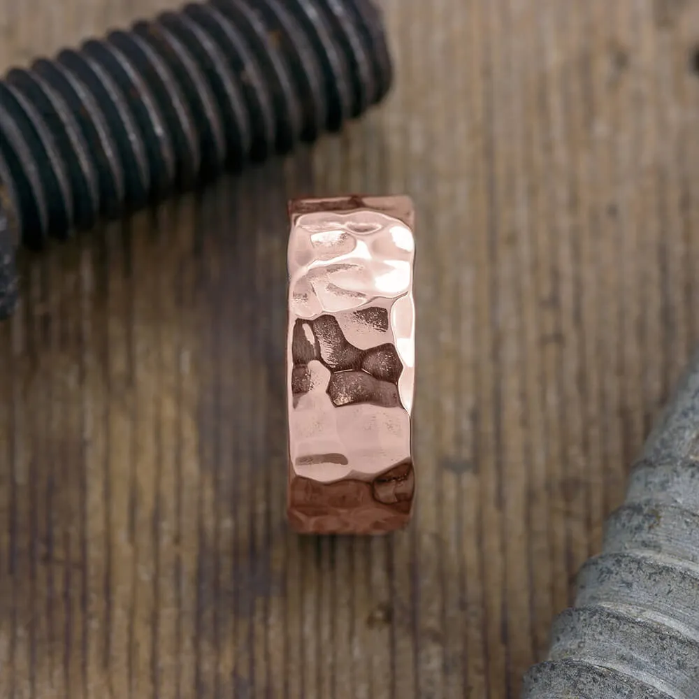 8mm 14k Rose Gold Hammered Mens Wedding Band, High Polish