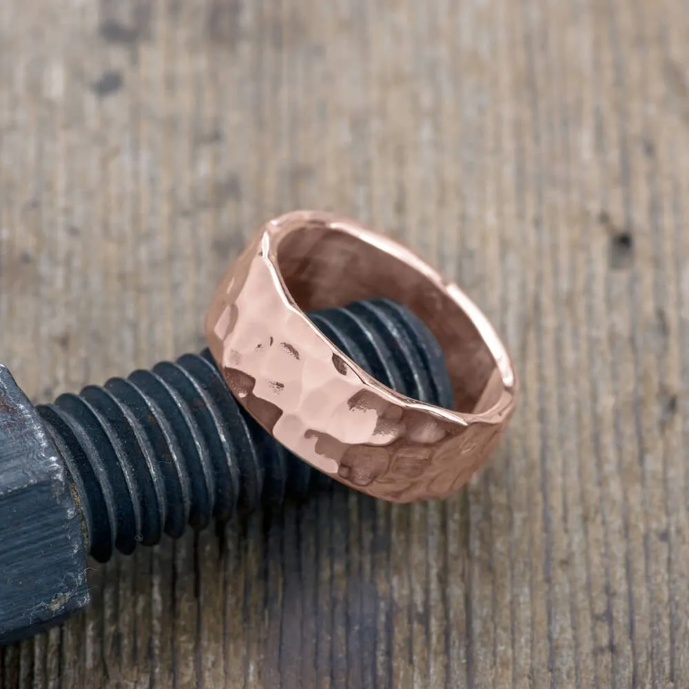 8mm 14k Rose Gold Hammered Mens Wedding Band, High Polish