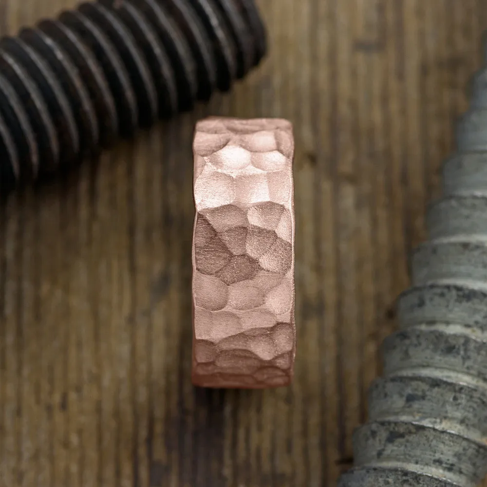 8mm 14k Rose Gold Mens Wedding Band, Hammered Matte