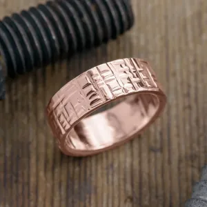 8mm 14k Rose Gold Textured Mens Wedding Band, High Polished