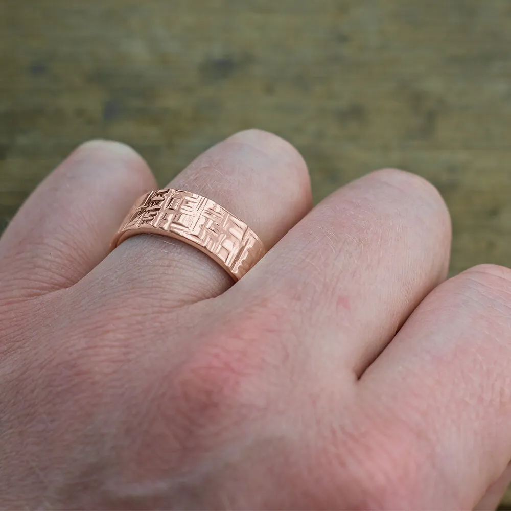 8mm 14k Rose Gold Textured Mens Wedding Band, High Polished