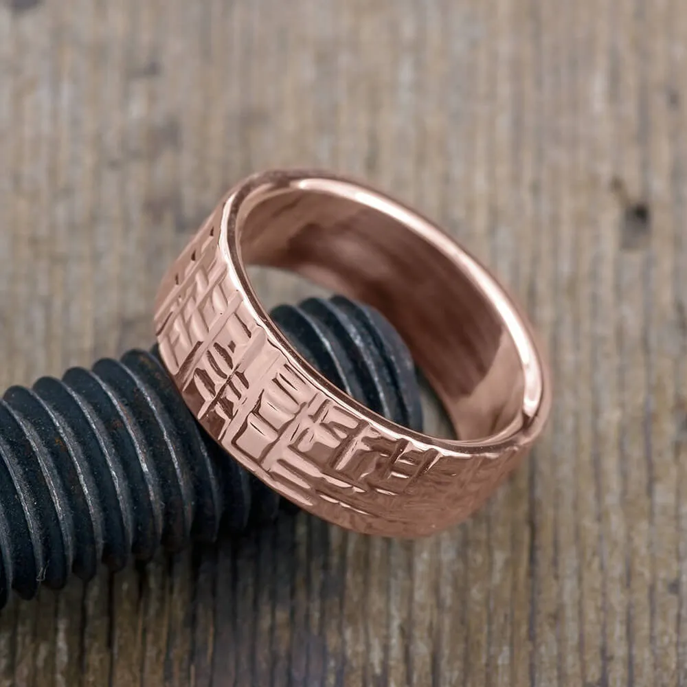 8mm 14k Rose Gold Textured Mens Wedding Band, High Polished