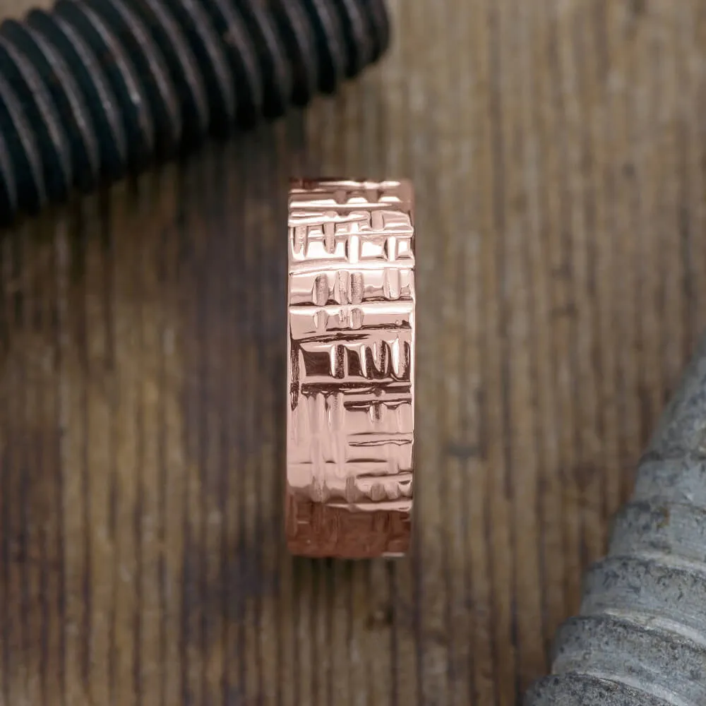 8mm 14k Rose Gold Textured Mens Wedding Band, High Polished