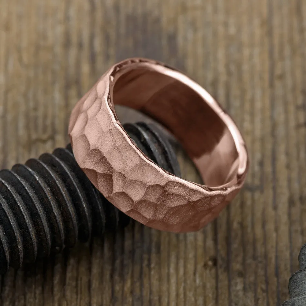 8mm, Comfort Fit 14k Rose Gold Mens Wedding Band, Hammered Matte