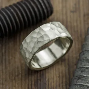 8mm, Comfort Fit, 14k White Gold Mens Wedding Band, Hammered Matte Finish