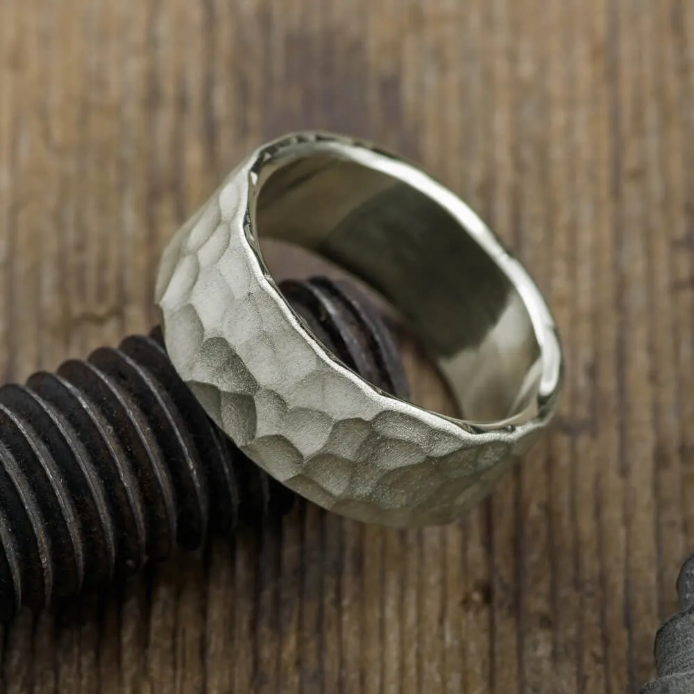 8mm, Comfort Fit, 14k White Gold Mens Wedding Band, Hammered Matte Finish