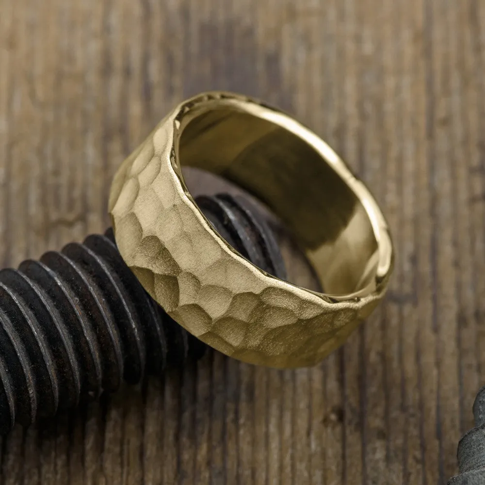 8mm, Comfort Fit, 14k Yellow Gold Hammered Mens Wedding Band, Matte Finish