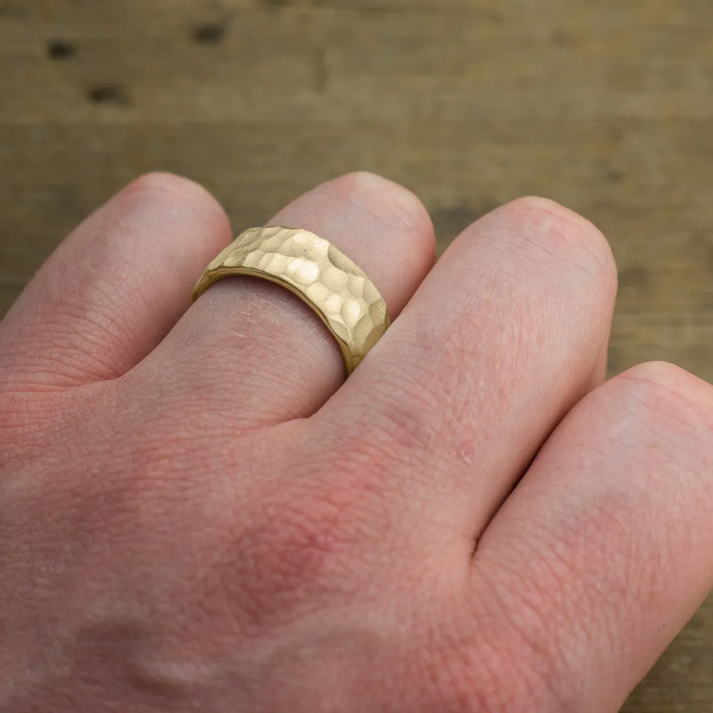 8mm, Comfort Fit, 14k Yellow Gold Hammered Mens Wedding Band, Matte Finish