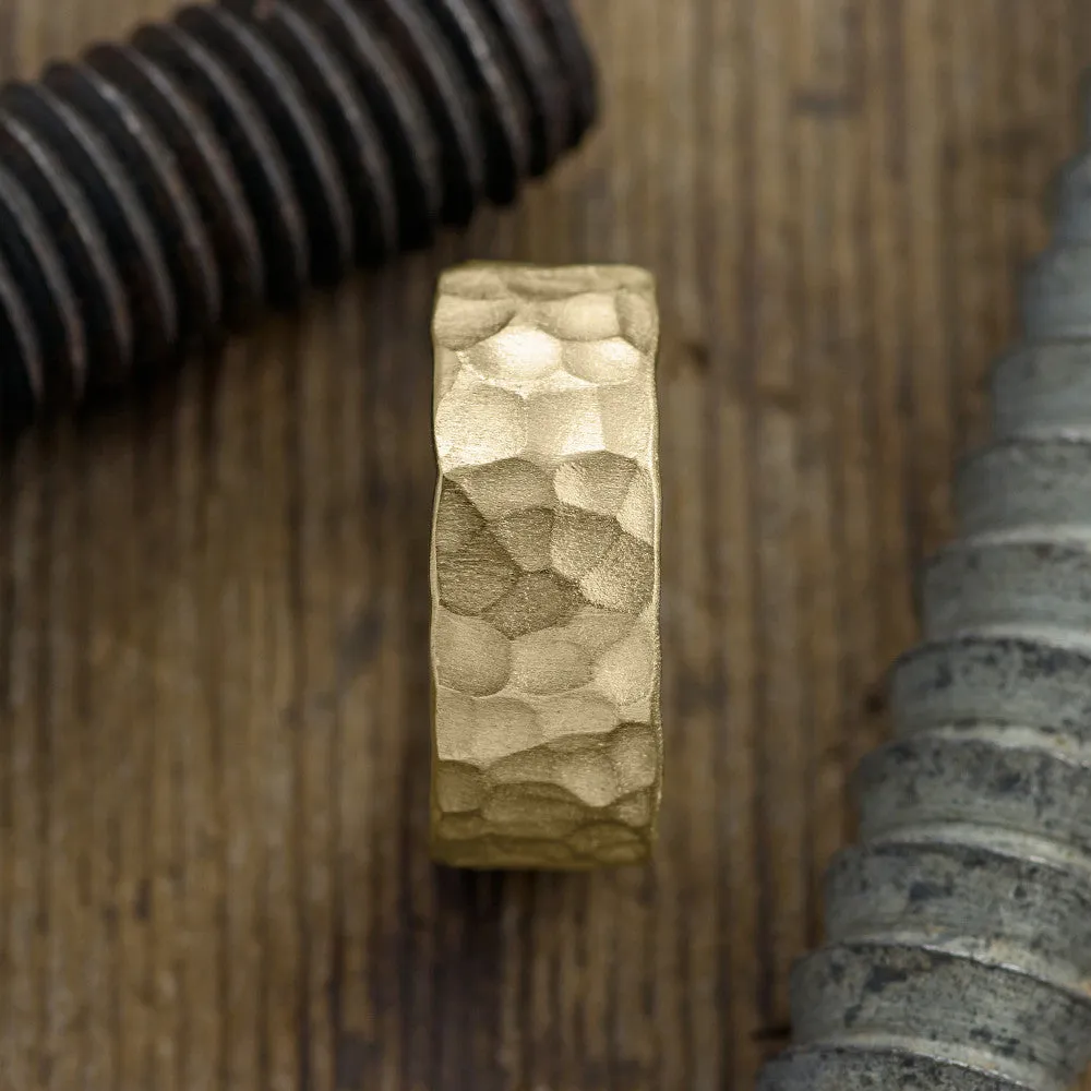 8mm, Comfort Fit, 14k Yellow Gold Hammered Mens Wedding Band, Matte Finish