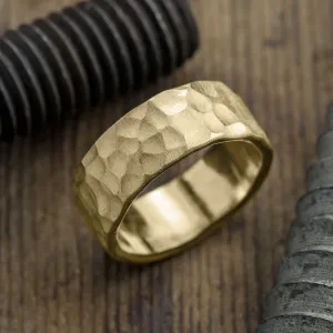 8mm, Comfort Fit, 14k Yellow Gold Hammered Mens Wedding Band, Matte Finish