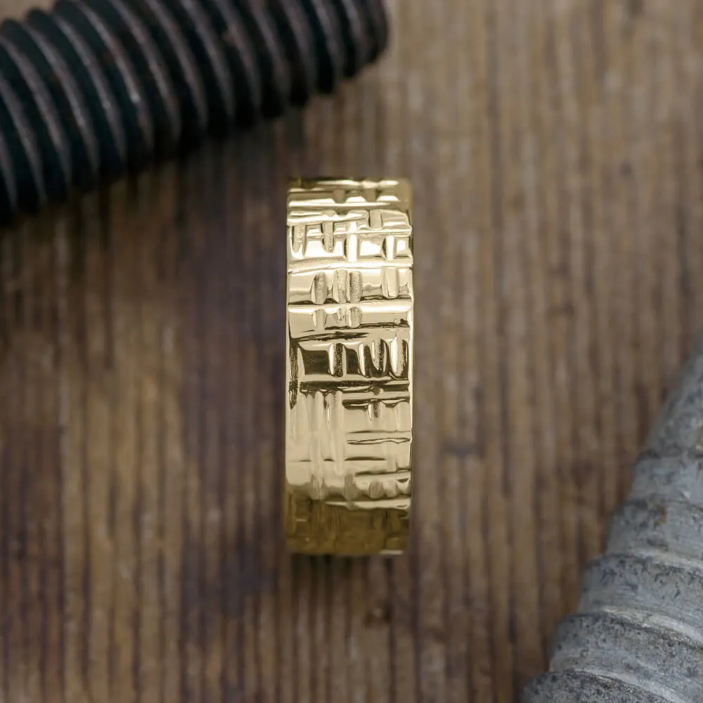 8mm, Comfort Fit, 14k Yellow Gold Mens Wedding Band, Textured Polished