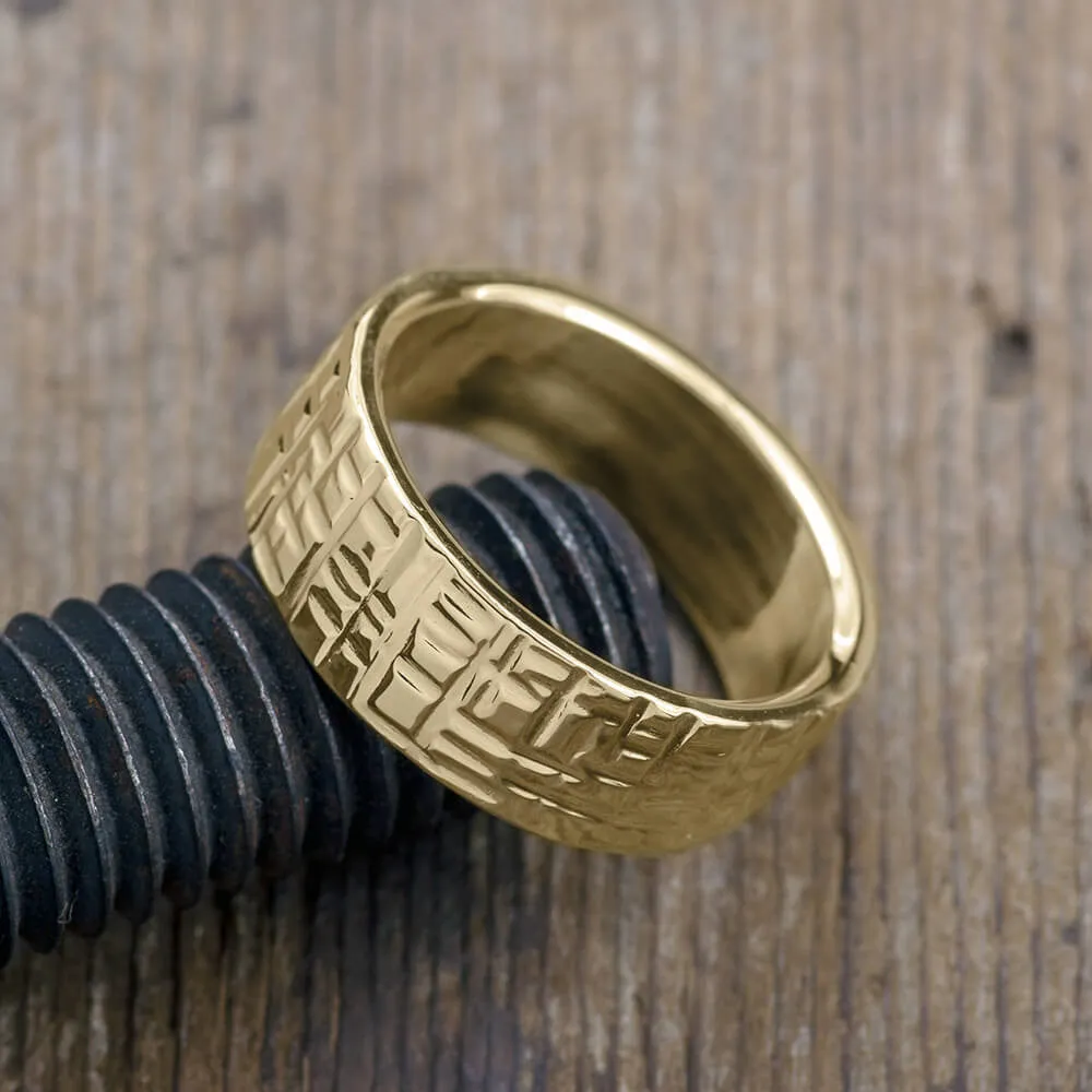 8mm, Comfort Fit, 14k Yellow Gold Mens Wedding Band, Textured Polished