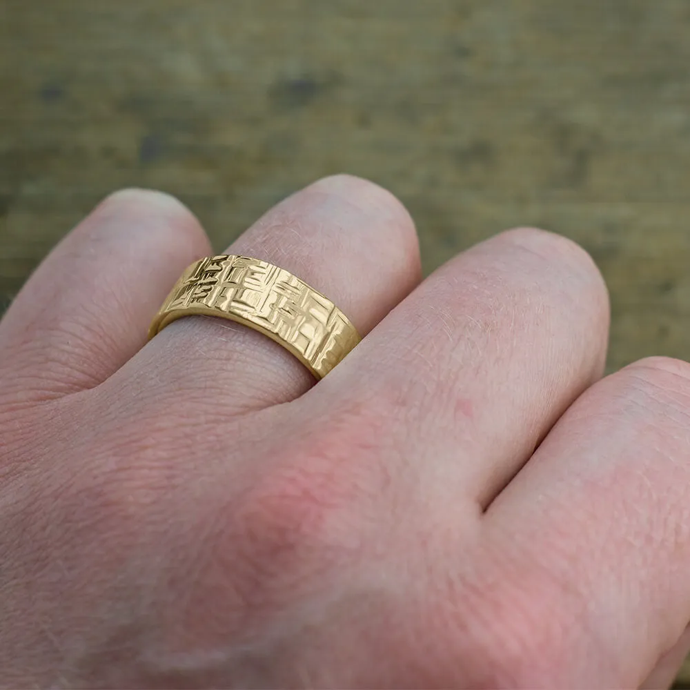 8mm, Comfort Fit, 14k Yellow Gold Mens Wedding Band, Textured Polished