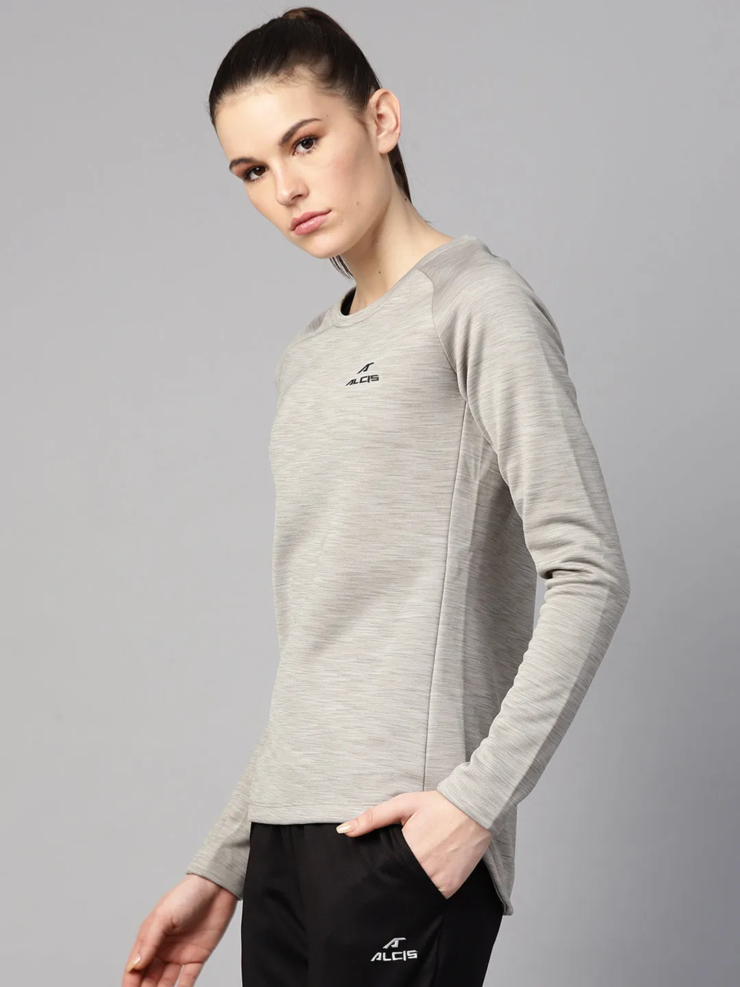 Alcis Women Grey Melange Solid Sweatshirt