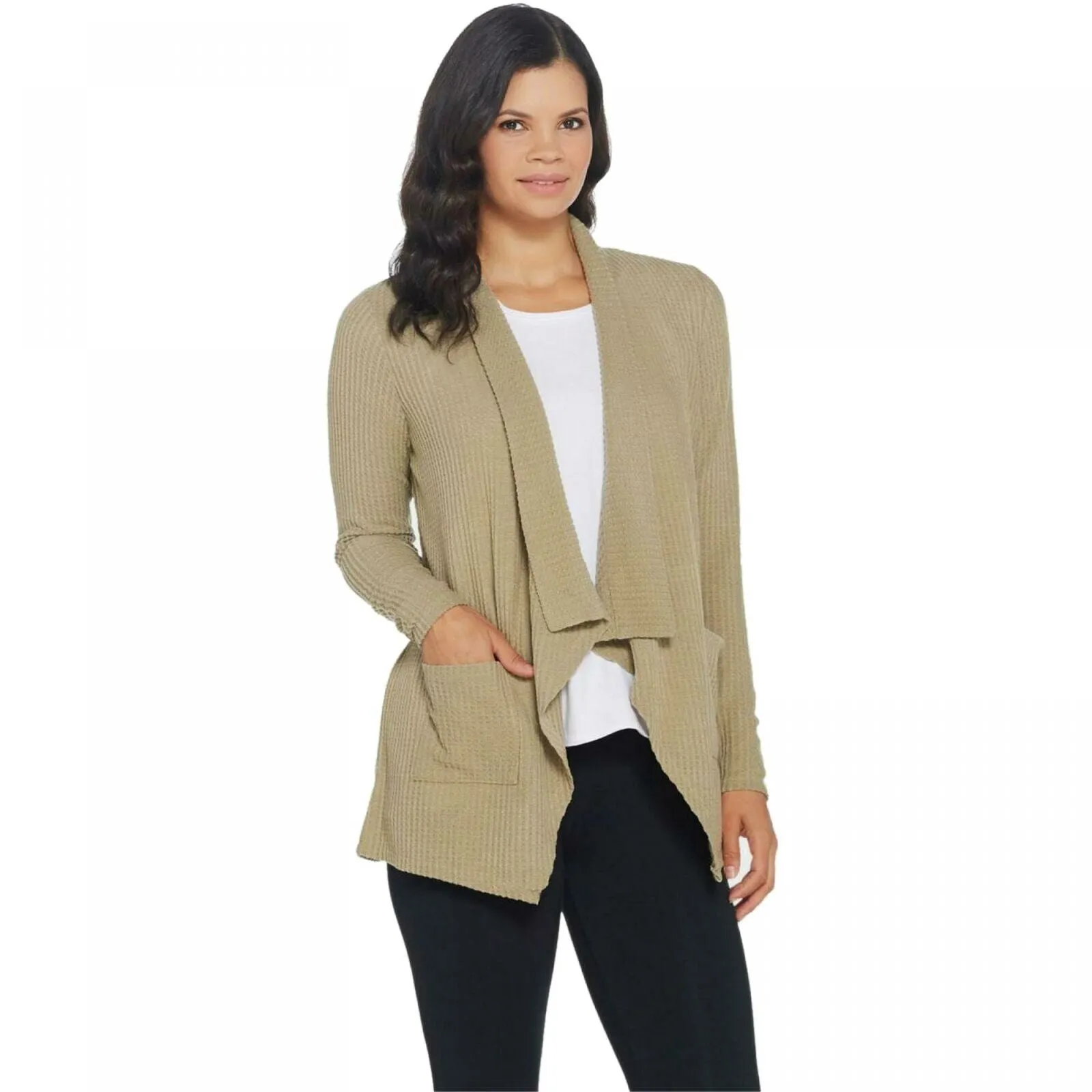 AnyBody Women's Plus Size Brushed Waffle Knit Waterfall Cardigan