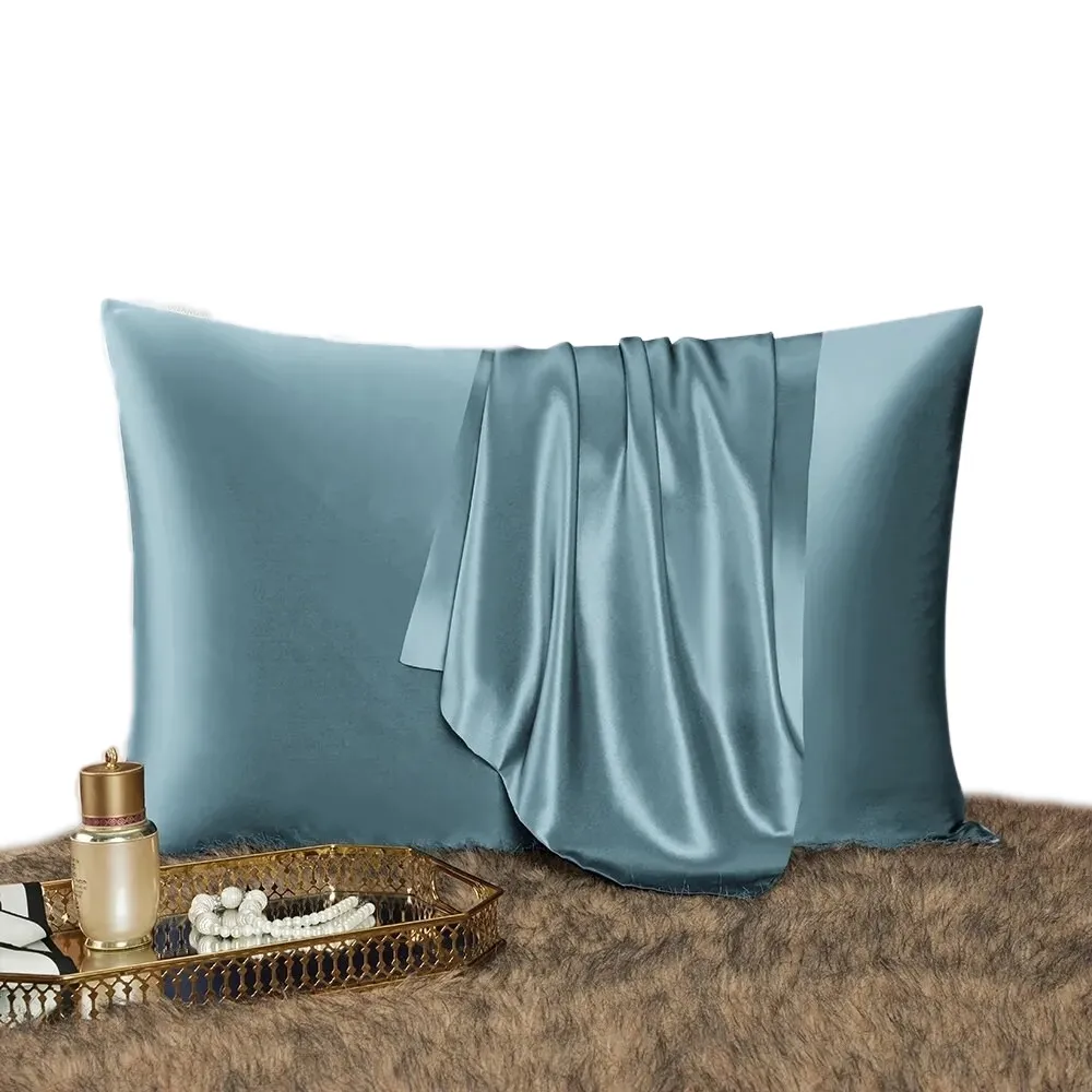 Anyhouz Pillowcase 50x75cm Blue Gray Set with Eye Mask Natural Mulberry Silk for Comfortable and Relaxing Home Bed - Queen Size Pillowcase