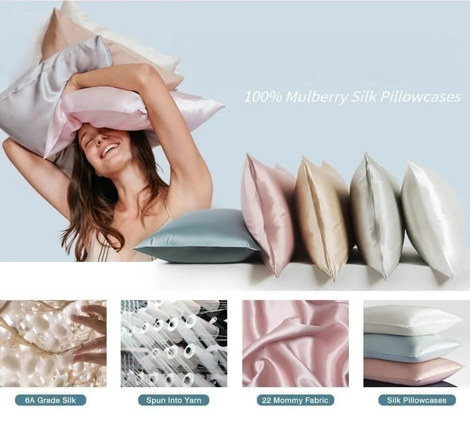 Anyhouz Pillowcase 50x75cm Blue Gray Set with Eye Mask Natural Mulberry Silk for Comfortable and Relaxing Home Bed - Queen Size Pillowcase