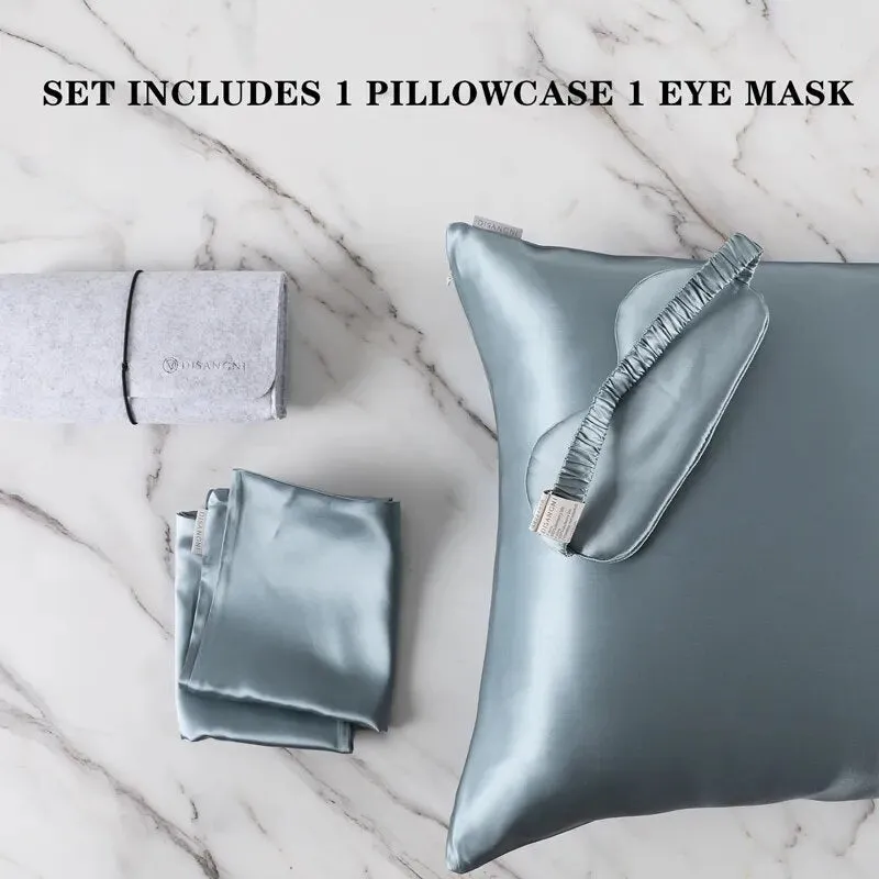 Anyhouz Pillowcase 50x75cm Blue Gray Set with Eye Mask Natural Mulberry Silk for Comfortable and Relaxing Home Bed - Queen Size Pillowcase
