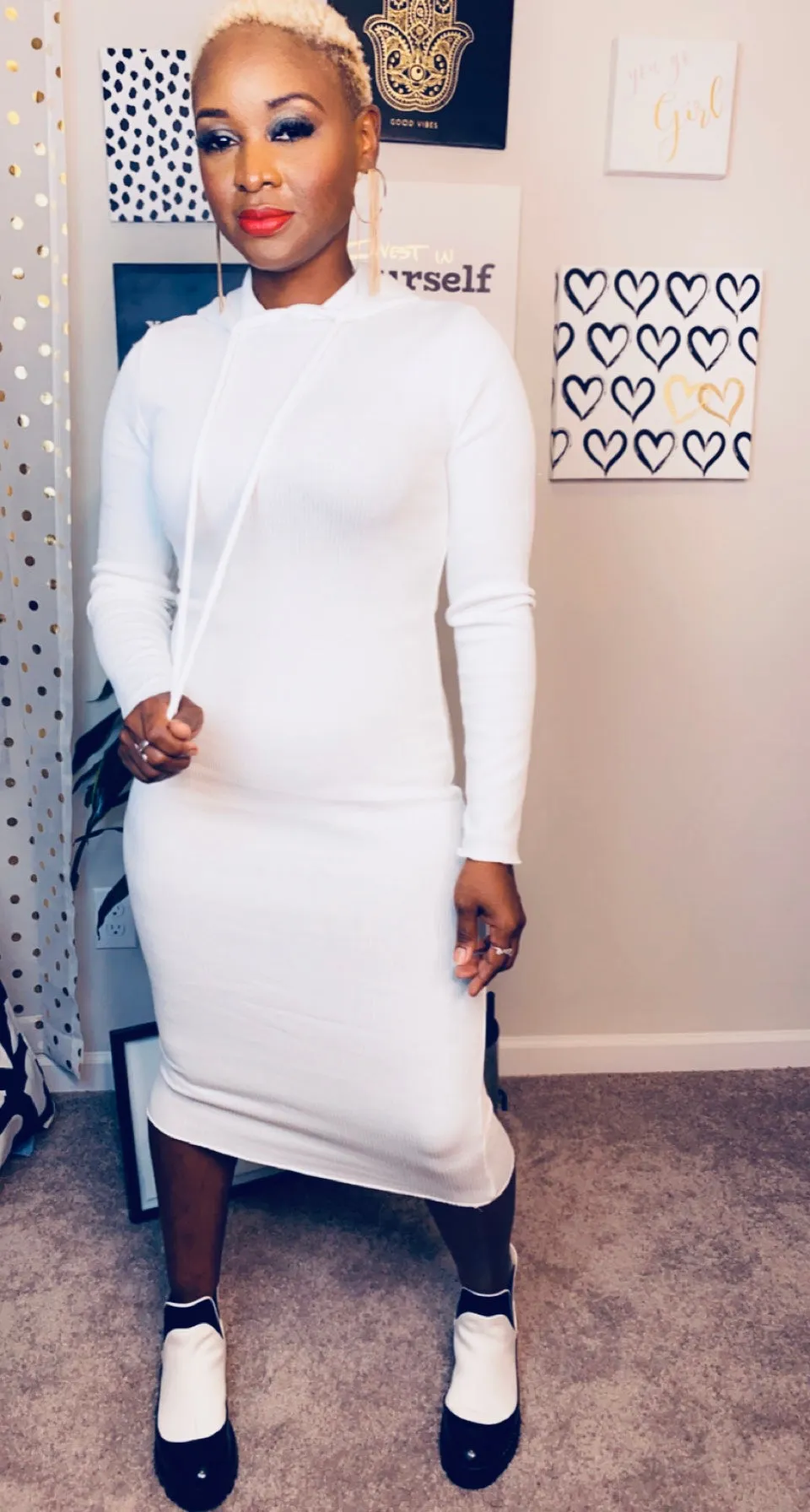 Around the Way Girl- Basic Hoodie Dress-White