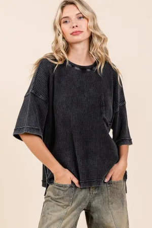 Ash Black Mineral Wash Waffle Knit Short Sleeve Top