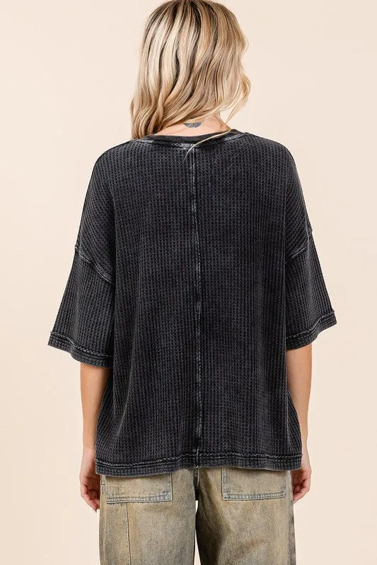 Ash Black Mineral Wash Waffle Knit Short Sleeve Top