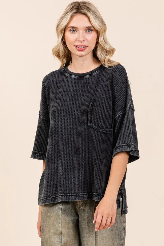 Ash Black Mineral Wash Waffle Knit Short Sleeve Top