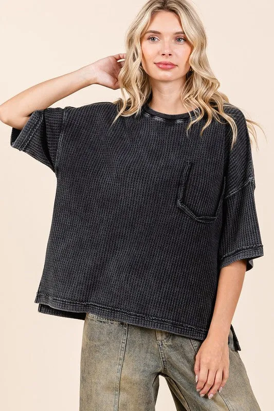 Ash Black Mineral Wash Waffle Knit Short Sleeve Top