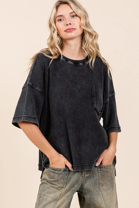 Ash Black Mineral Wash Waffle Knit Short Sleeve Top