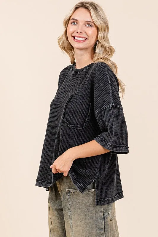 Ash Black Mineral Wash Waffle Knit Short Sleeve Top