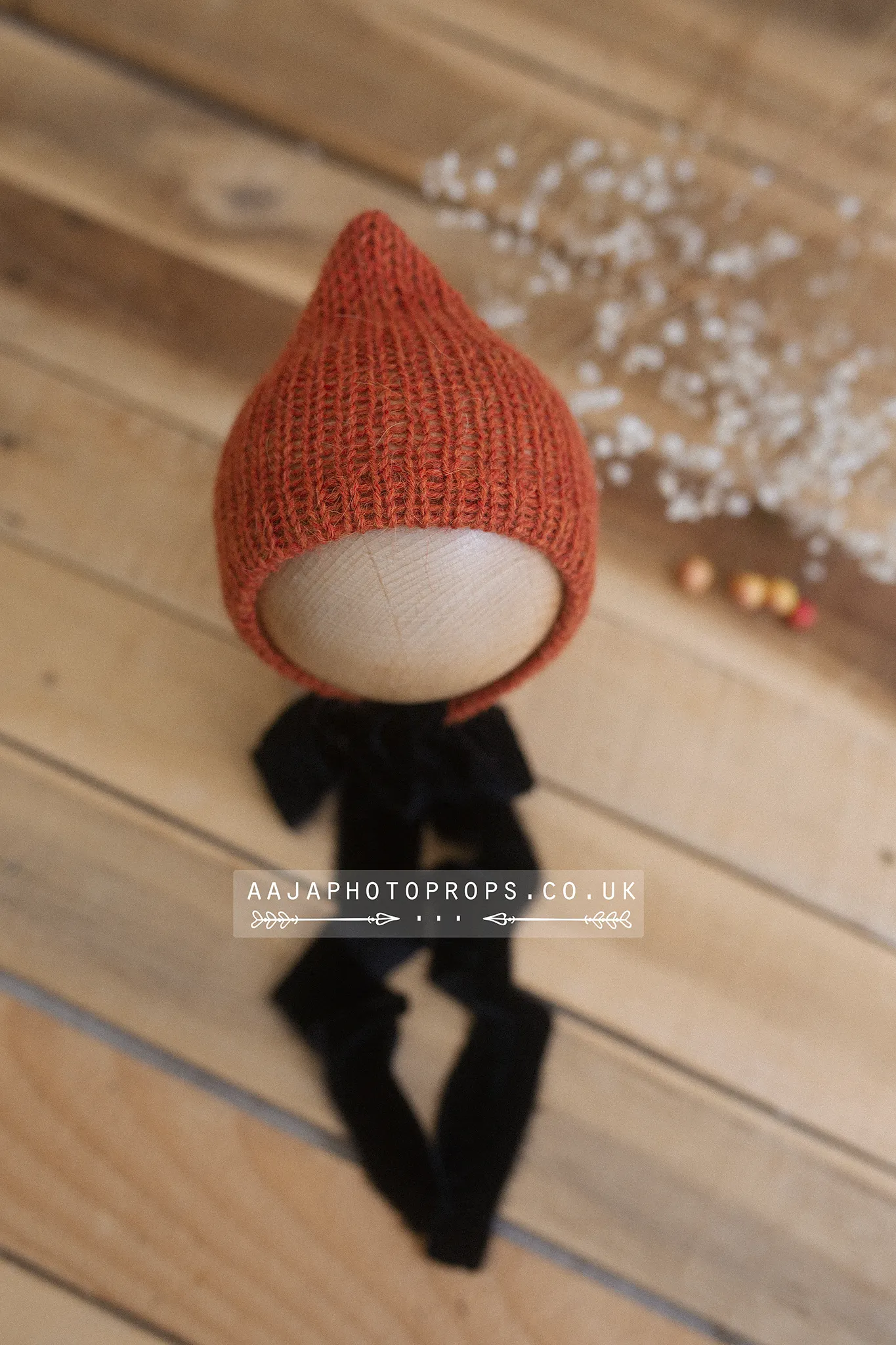 Baby newborn bonnet with velvet black ties, orange,  RTS