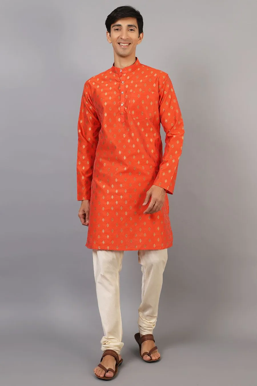 Banarasi Art Silk Cotton Orange Kurta Pajama