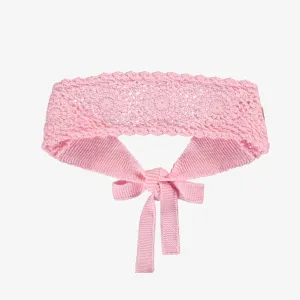 Bandeau rose en tricot crocheté avec motifs de fleurs, enfant || Pink crocheted knit headband with floral patterns, child