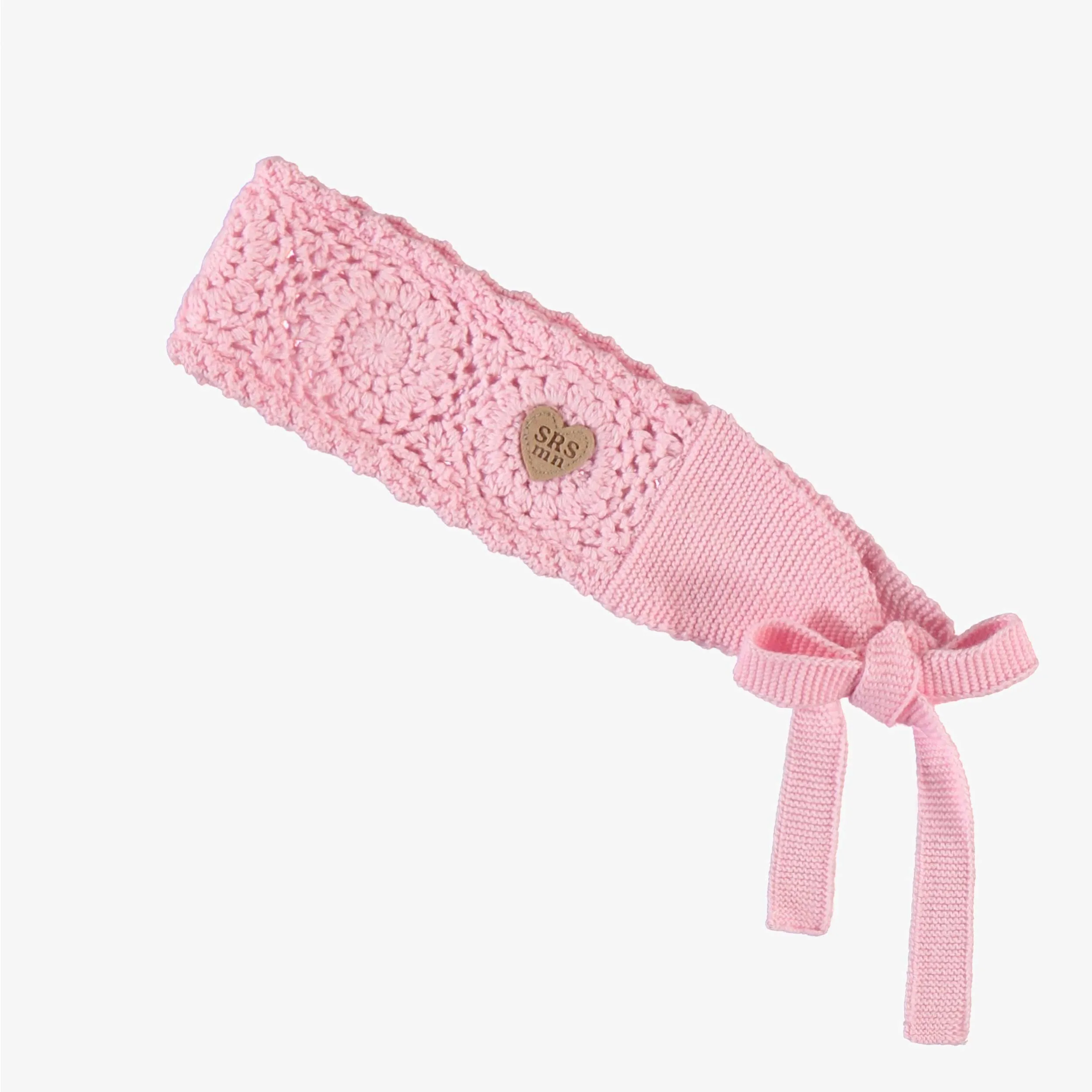 Bandeau rose en tricot crocheté avec motifs de fleurs, enfant || Pink crocheted knit headband with floral patterns, child