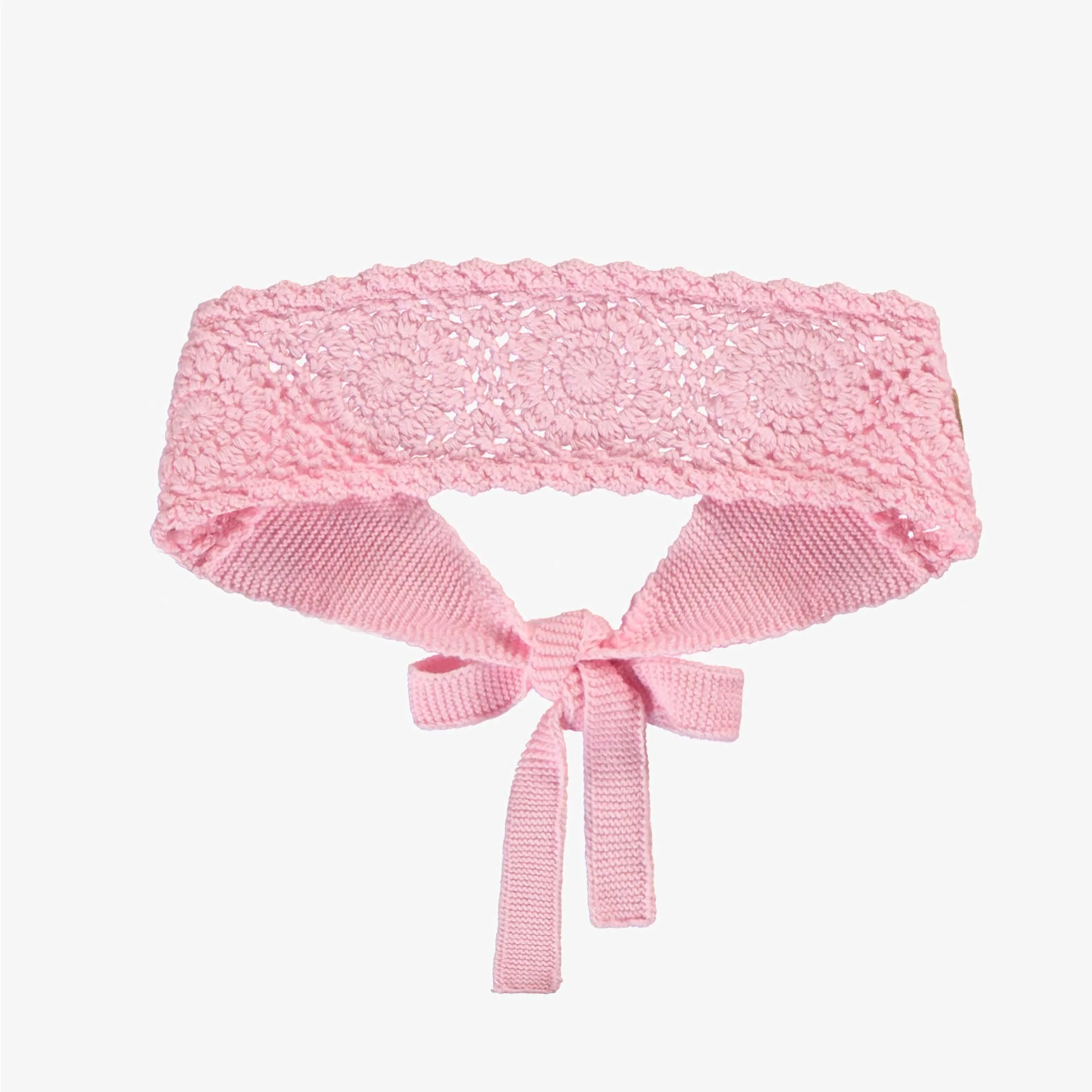 Bandeau rose en tricot crocheté avec motifs de fleurs, enfant || Pink crocheted knit headband with floral patterns, child