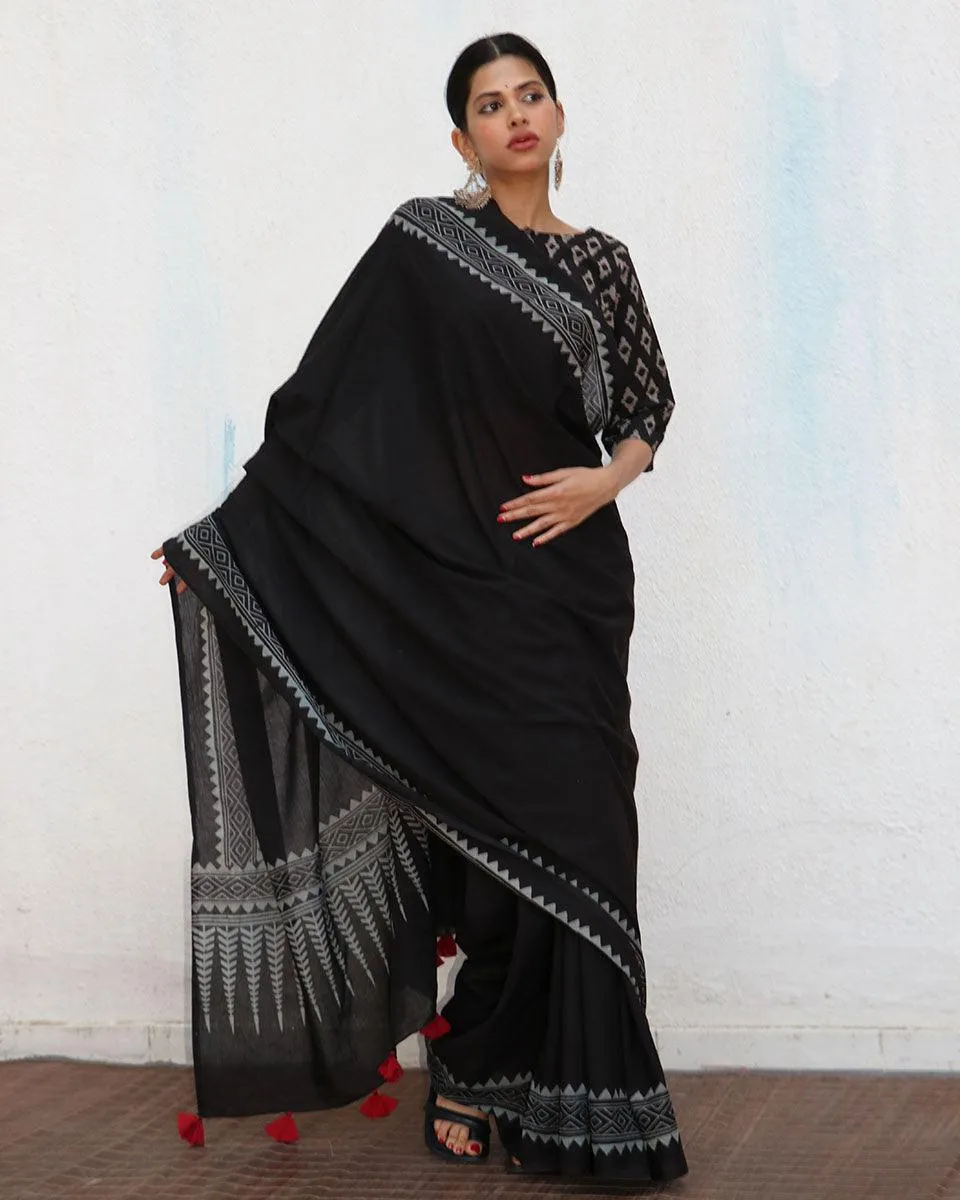 Barbara Blockprinted Cotton Saree - NOMAD
