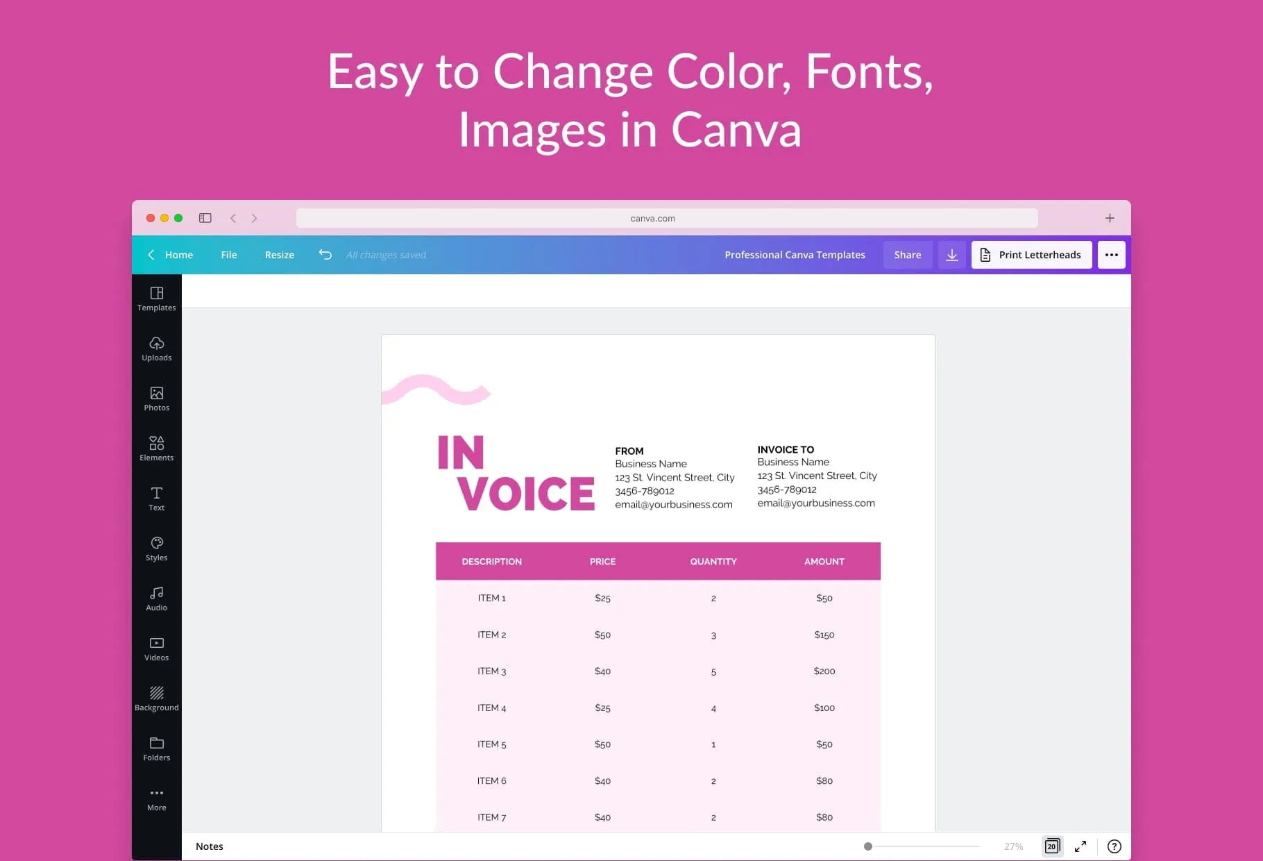 Barbie Pink Invoice Canva Template Printable and Editable
