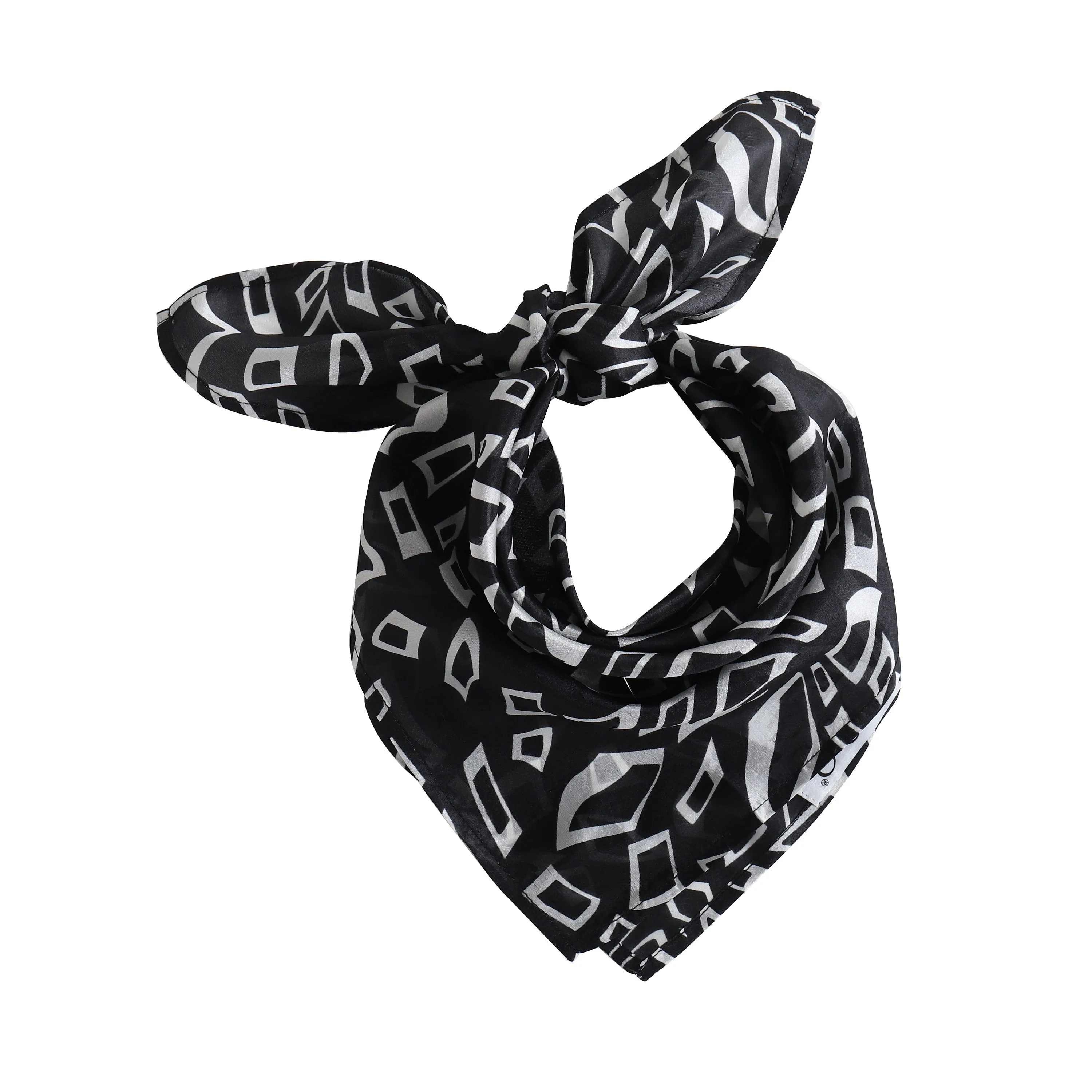 Black and White Silk Neckerchief, Geometric Print Silk Scarf
